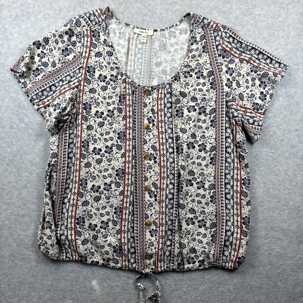 Como Blu Women's XL Floral Stripe Tie hem Blouse Navy Rust Rayon Beachy theme